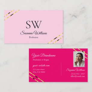 Light and Hot Pink Gold Lines with Monogram Photo Business Card