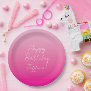 Light and Hot Pink Ombre Happy Birthday Paper Plate