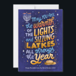 Light and Latkes Non-Photo Hanukkah  Holiday Card<br><div class="desc">Non-photo card,  featuring,  a bright and colourful,  hand-lettered Hanukkah sentiment,  with latkes and lights of the menorah. The reverse side has a coordinating pattern and family photos can be added.</div>