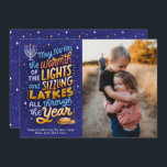 Light and Latkes One Photo Hanukkah  Holiday Card<br><div class="desc">This one-photo card,  features,  a bright and colourful,  hand-lettered Hanukkah sentiment,  with latkes and lights of the menorah. The reverse side has a coordinating pattern and additional family photos can be added.</div>
