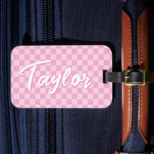 Light and Pale Pink Chequerboard Bold Name Luggage Tag