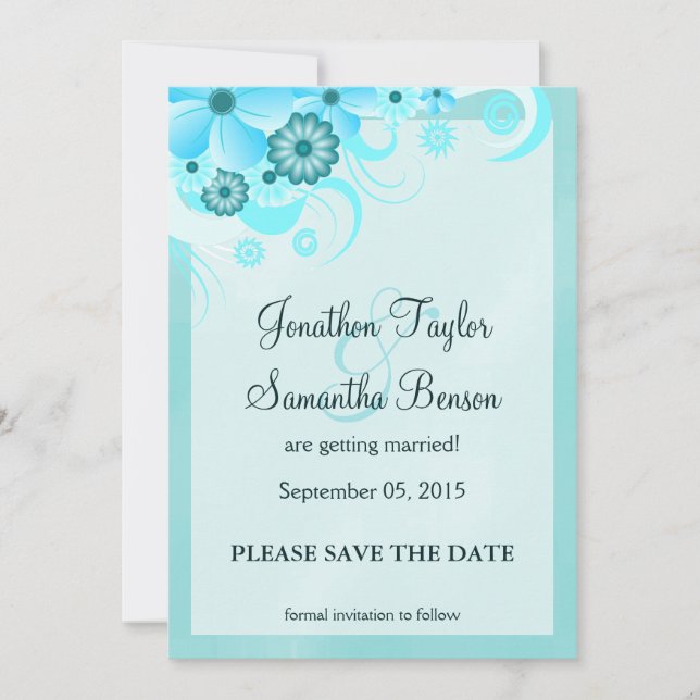 Light Aqua Blue Floral Save The Date Announcements (Front)
