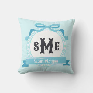 Light Aqua Blue Reverse Greek Key Bow Monogram Cushion