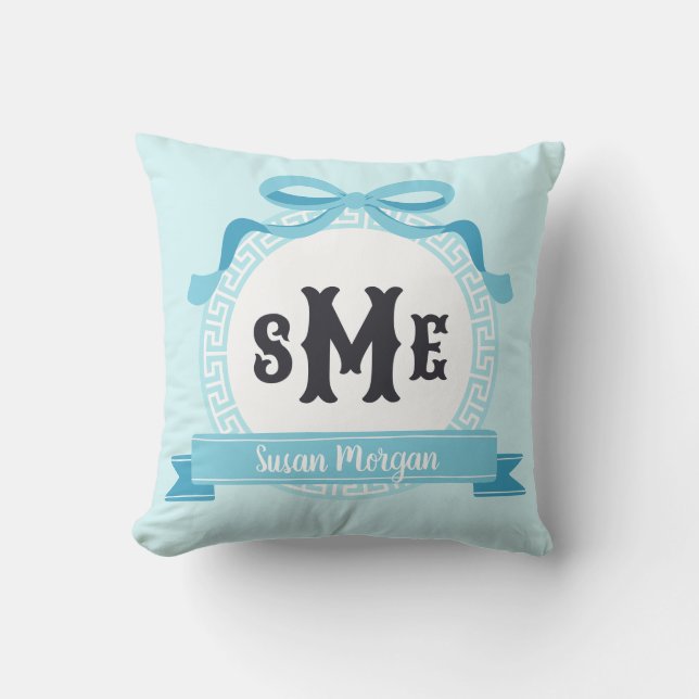Light Aqua Blue Reverse Greek Key Bow Monogram Cushion (Front)