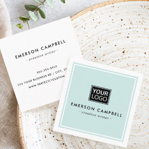 Light aqua blue white border custom logo minimal square business card