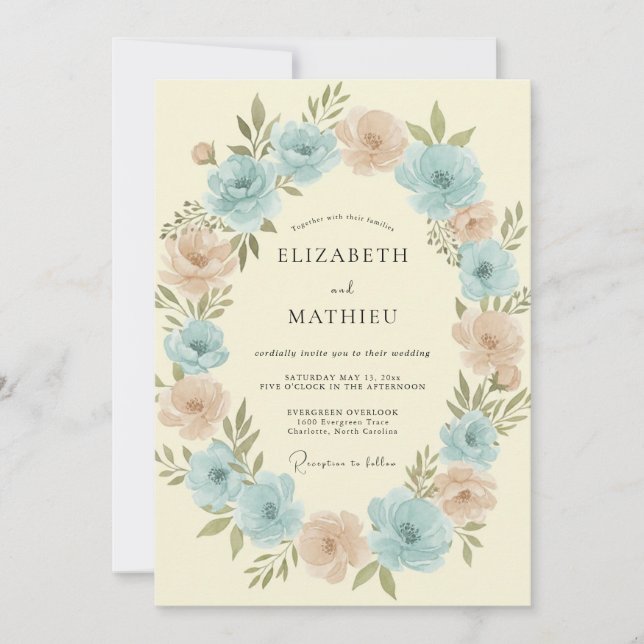 Light Aqua Peach Wreath Wedding Invitation (Front)