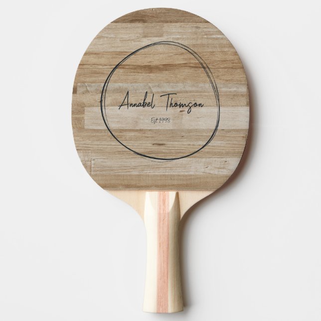 Light Ash Wood  Name in Drawn Circle  Ping Pong Paddle (Front)