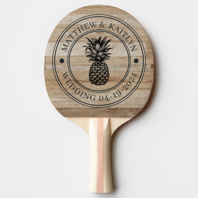Light Ash Wood Pineapple Wedding Crest & Names Ping Pong Paddle (Back)