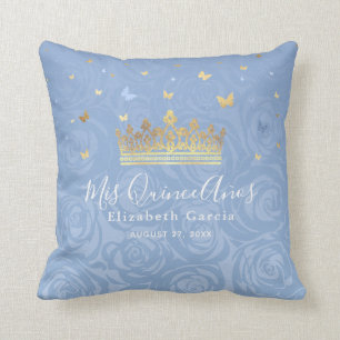 Light Baby Blue and Gold Rose Mis Quince Anos Cushion