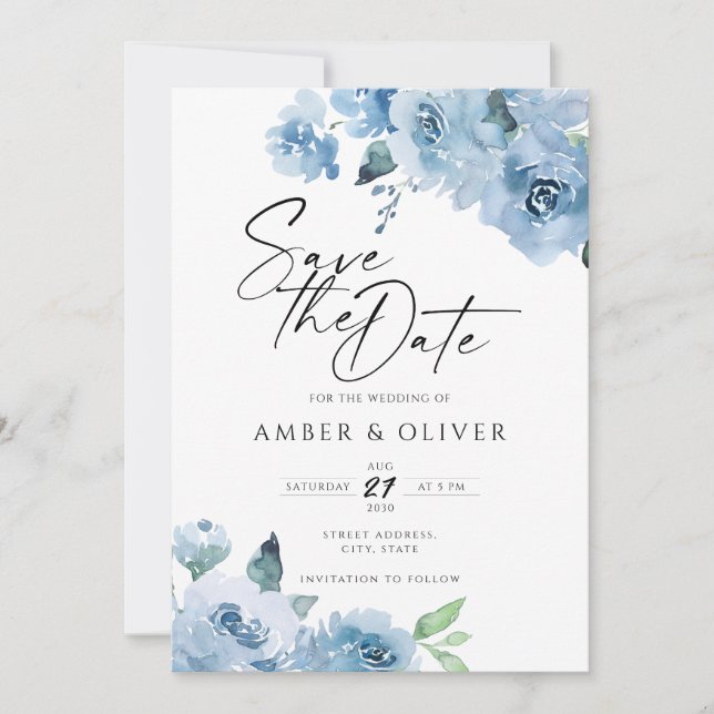 Light Baby Blue Floral Flowers Boho Save The Date Invitation (Front)