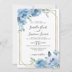 Light Baby Blue Floral Watercolor Gold Wedding Invitation
