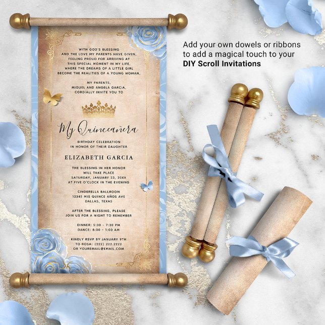 Light Baby Blue Gold Quince DIY Scroll Invitations (DIY scrolls do not come with dowels. Add your own or roll up with a ribbon for a personalized touch!)