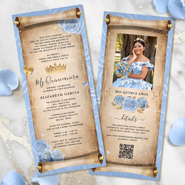Light Baby Blue Gold Quince Scroll Invitation Card (Elegant light baby blue and gold quinceanera scroll invitation cards for a fairytale birthday party.)