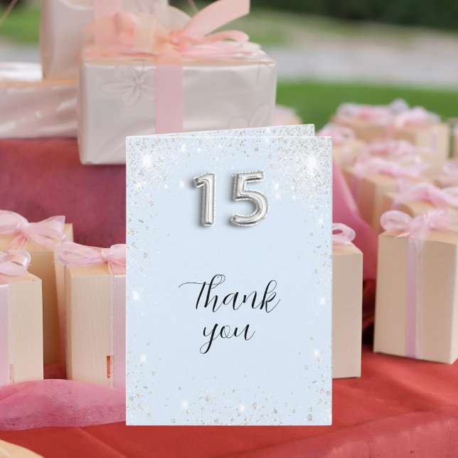 Light baby blue silver glitter photo Quinceanera Thank You Card (Creator Uploaded)