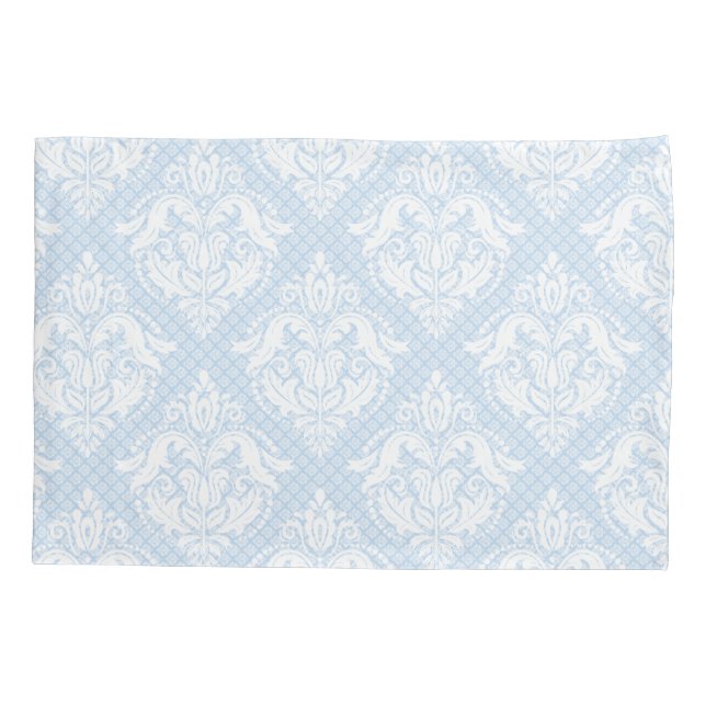 Light Baby-Blue & White Floral Damask Pattern Pillowcase (Back)