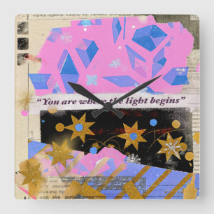 Light Begins Gem Clock – Square Pink & Gold Art
