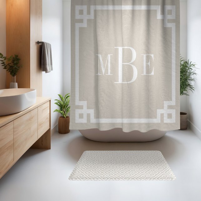 Light Beige and White Greek Key | Monogrammed Shower Curtain (Creator Uploaded)