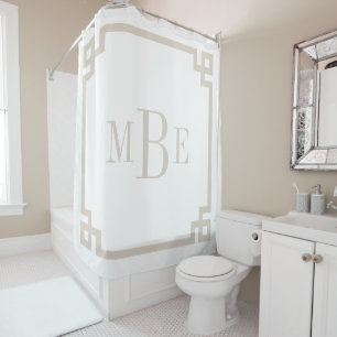 Light Beige and White Greek Key Monogrammed Shower Curtain