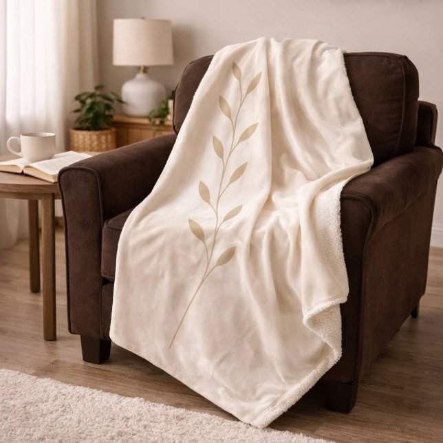 Light Beige Botanica Sherpa Blanket (Light beige botanica with a soft golden vine detail for relaxed, neutral living spaces.)