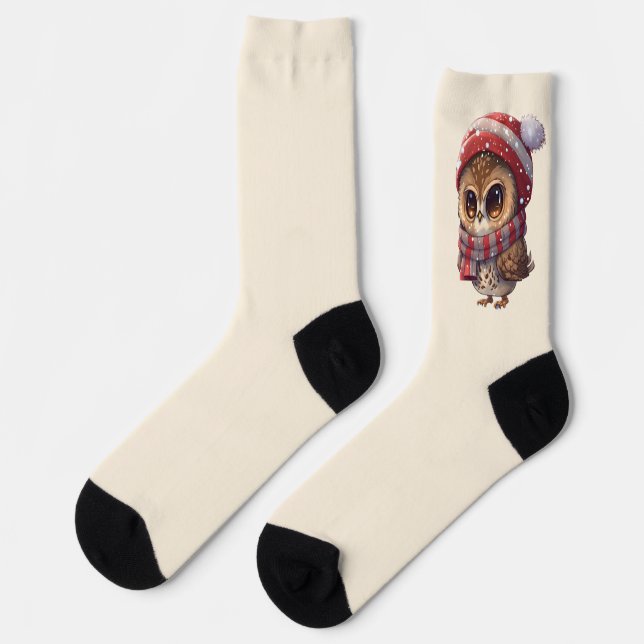 Light Beige Cute Owl with Red Christmas Hat socks (Left)