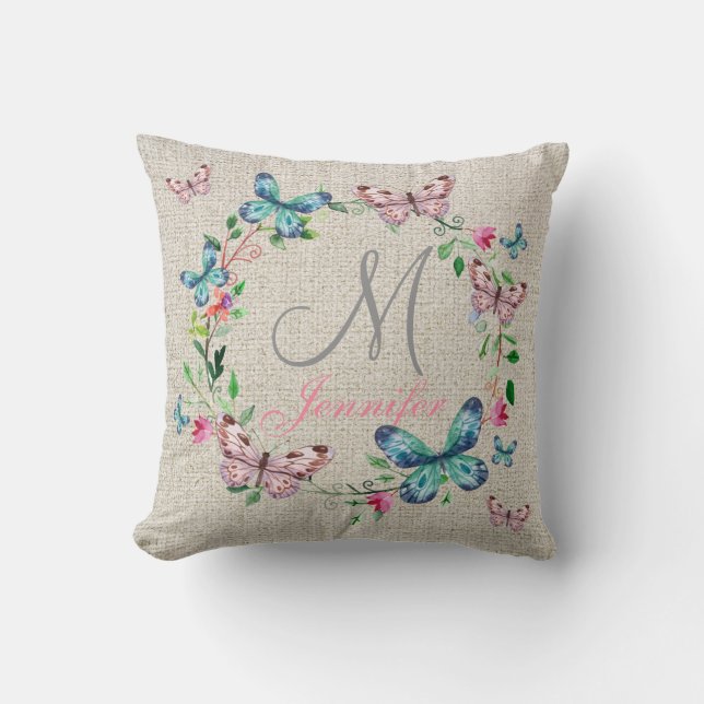 Light BEIGE Linen FLOWER AND BUTTERFLY Monogram Cushion (Front)