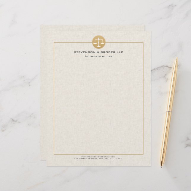 Light Beige Linen & Gold Law Practice Scale Custom Letterhead (Front/Back In Situ)