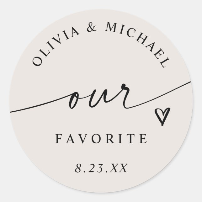 Light Beige Our Favorite Handwriting Wedding Favor Classic Round Sticker (Front)