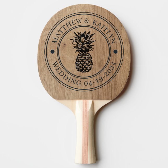 Light Birch Wood Pineapple Wedding Crest & Names Ping Pong Paddle (Back)