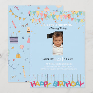 Light Blue 1st Birthday Photo, Big One Boy Invitation