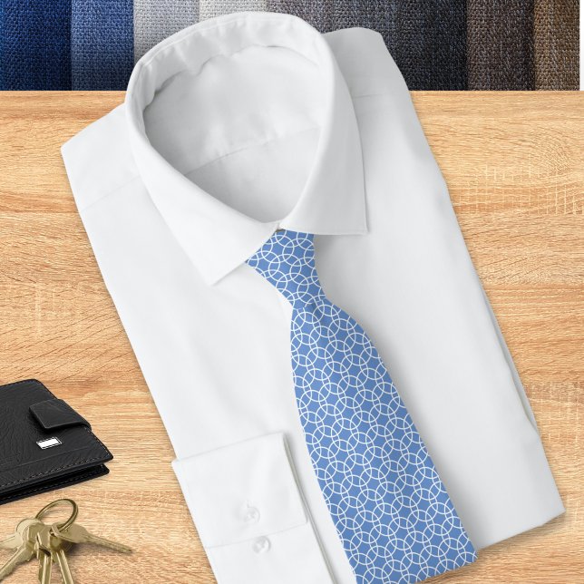 Light Blue Abstract Geometric Circles Pattern Tie (A light blue tie with geometric pattern of white circles, suitable for work or special occasions)