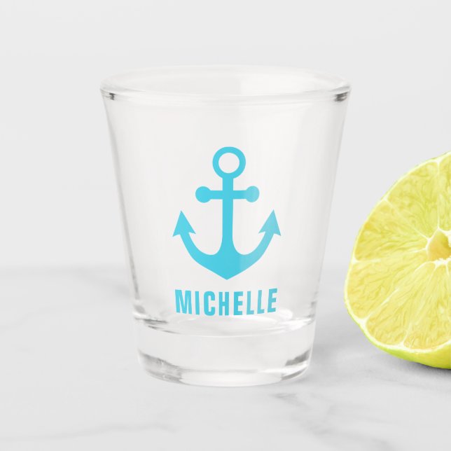 Light Blue Anchor Nautical Personalised Shot Glass (Front)