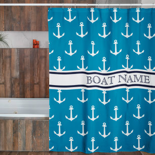 Light Blue Anchor Pattern Nautical Boat Name  Shower Curtain