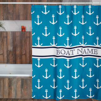 Light Blue Anchor Pattern Nautical Boat Name  Shower Curtain