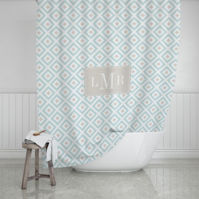 Light Blue and Beige Geometric Monogram Shower Curtain (Creator Uploaded)