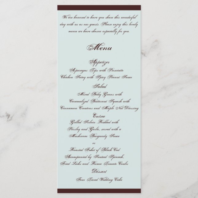 Light Blue and Brown Paisley Wedding Menu (Front)