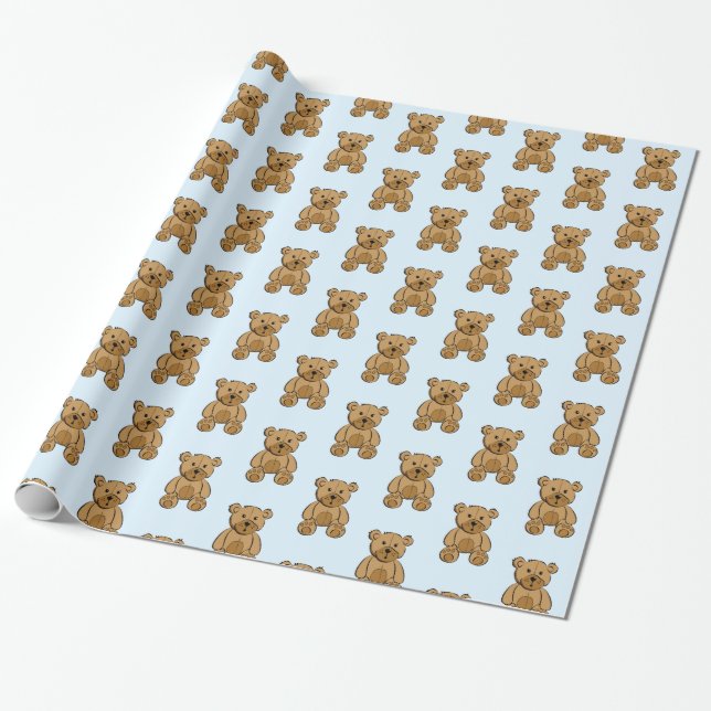 Light Blue and Brown Teddy Bear Boy's Gift Wrap (Unrolled)