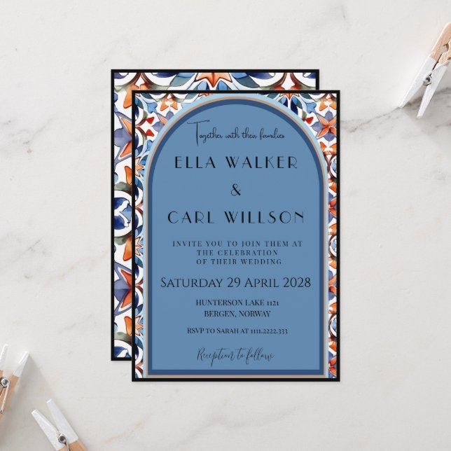 Light Blue And Chic Tile Wedding Invitation (Front/Back In Situ)