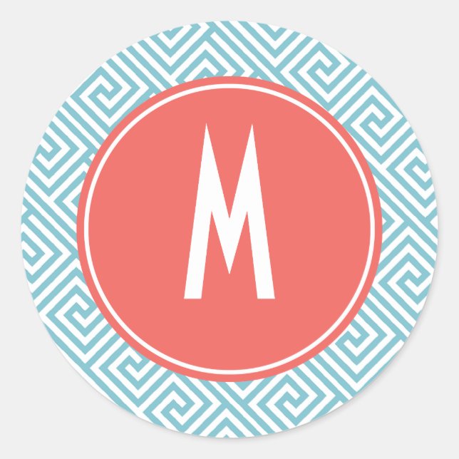 Light Blue and Coral Greek Key Pattern Monogram Classic Round Sticker (Front)