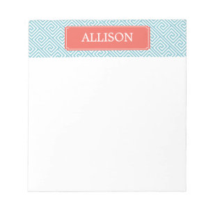 Light Blue and Coral Greek Key Pattern Notepad