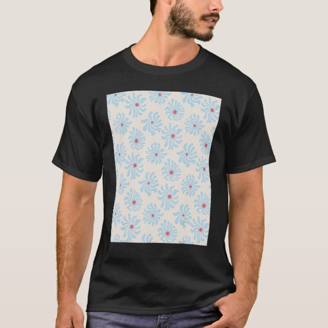 Light Blue and Coral Warped Daisy Wavy Flower Patt T-Shirt (Front)