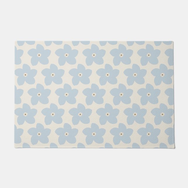 Light Blue And Cream Retro Flower Doormat (Front)