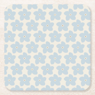 Light Blue And Cream Retro Flower Square Paper Coaster
