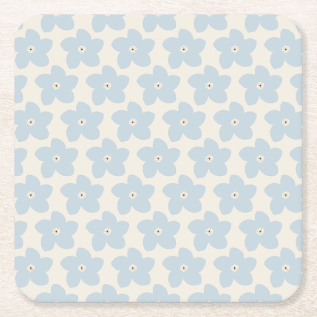 Light Blue And Cream Retro Flower Square Paper Coaster (Front)