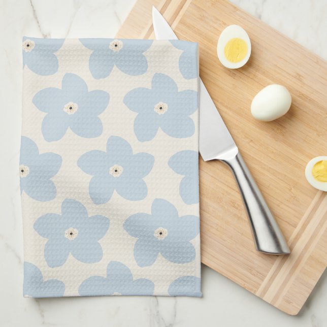 Light Blue And Cream Retro Flower Tea Towel (Quarter Fold)