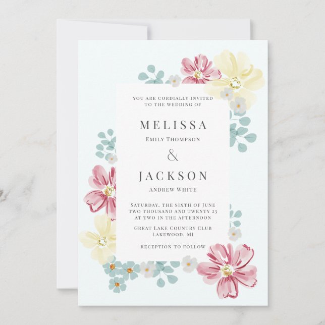 Light blue and Flower Wedding Invitation (Front)