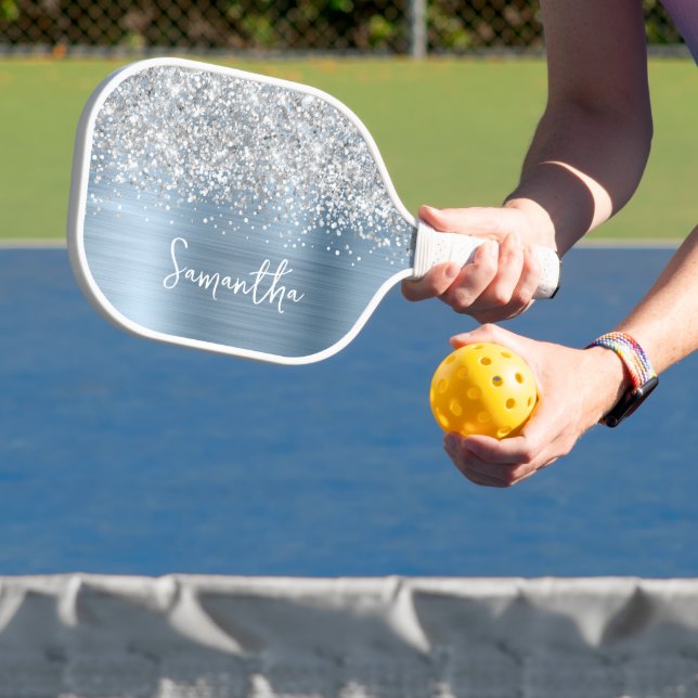 Light Blue and Glittery Silver Glam Script Name Pickleball Paddle (Insitu)