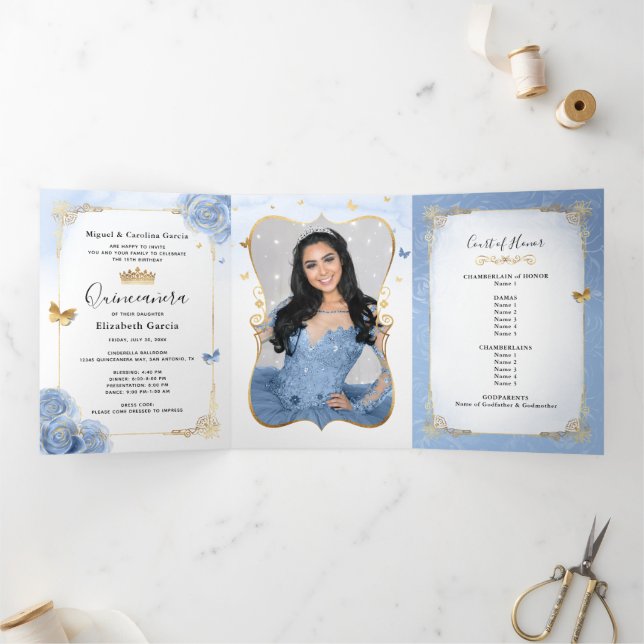 Light Blue and Gold Elegant Spanish Photo Quince Tri-Fold Invitation (Inside)
