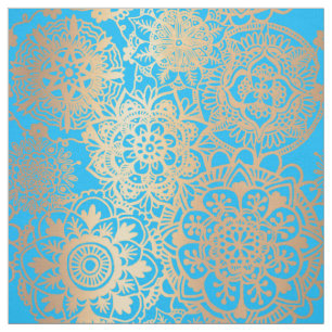 Light Blue and Gold Mandala Pattern Fabric