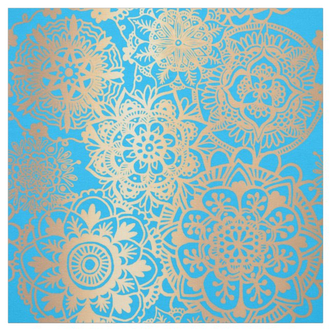 Light Blue and Gold Mandala Pattern Fabric (Swatch)