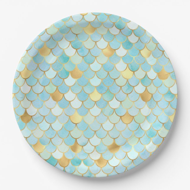 Light blue and gold Mermaid Scales Paper Plate (Front)